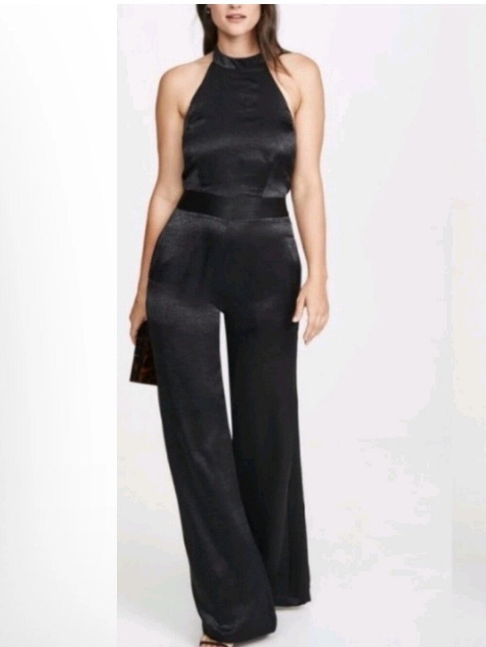 Misa Xandra Halter Hammered Satin Jumpsuit NWT Size S Black